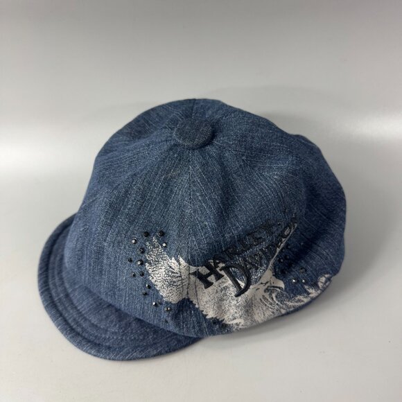Harley Davidson Blue Denim Newsboy Gatsby Women's Hat Cap Medium Studded - Picture 6 of 13
